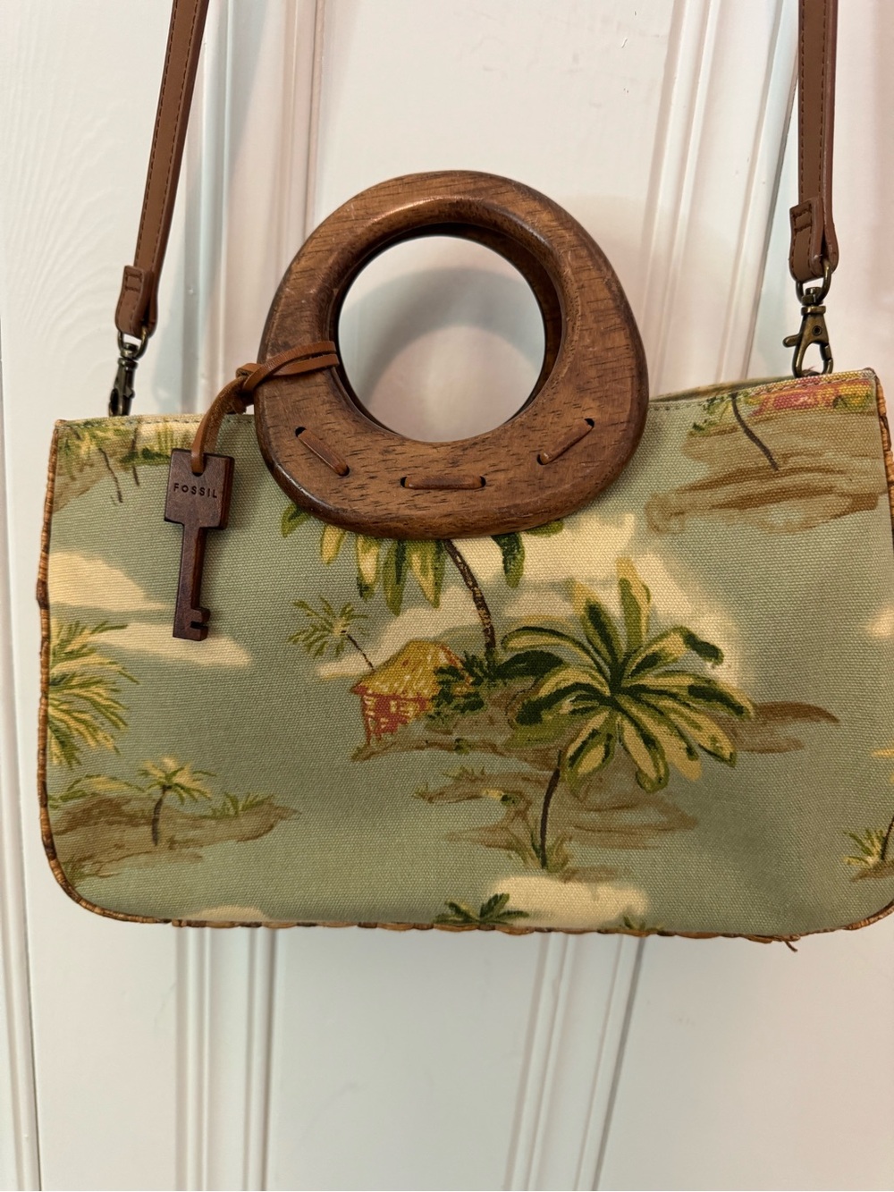 Fossil Tropical-Print Shoulder Bag with Wooden Ring Handles - Green & Brown